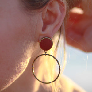 Hoop Earrings, close up modelled Burgundy Rust